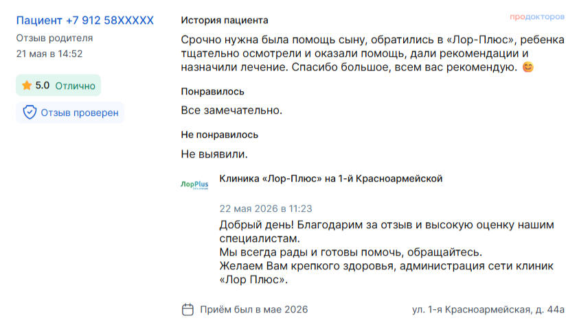 Отзыв о клинике ЛОР Плюс в Перми